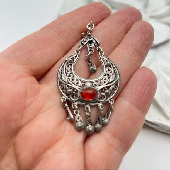 Sterling Silver Dangle Earrings with Amber Cabochon - Picture 4 of 11